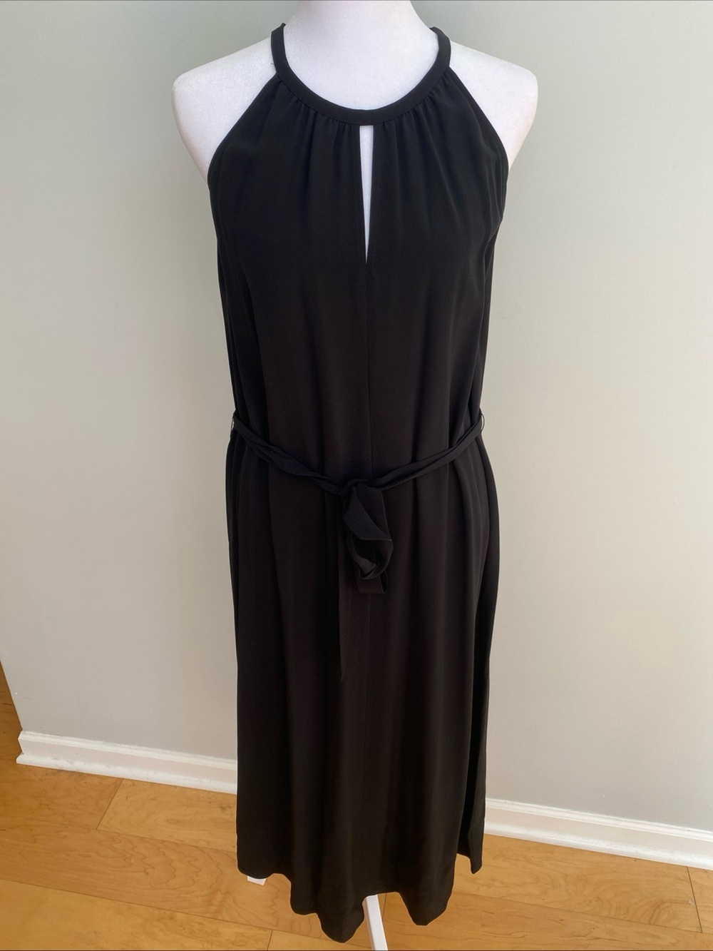 Eileen Fisher Black Halter georgette crepe Midi Dress with Waist Tie New Sz XXS